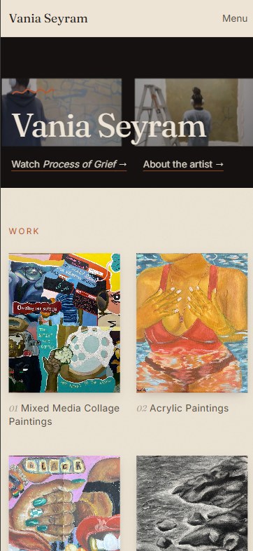 Vania Seyram's website on mobile, showing her artwork galleries